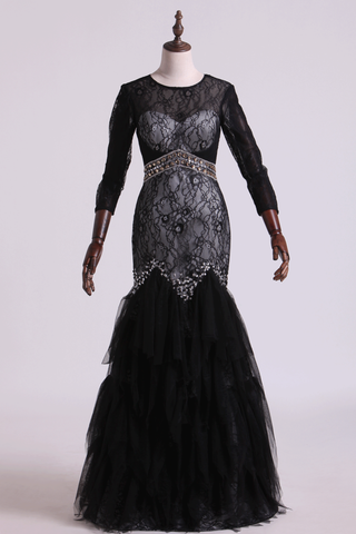 Black Mermaid Evening Dresses Scoop Open Back Long Sleeves Tulle & Lace With Beading