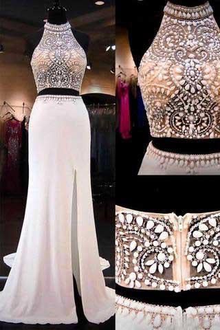 Two Pieces Mermaid Long Halter Beaded Custom Cheap With Slit Prom Dresses JS145