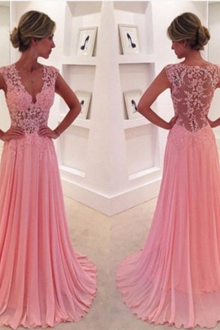 A Line V Neck Prom Dresses Chiffon With Applique