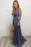 Unique High Slit Deep V Neck Sparkly Halter Prom Dresses Spaghetti Straps Formal Dresses SJS15458