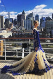 Mermaid Royal Blue Scoop Appliques Tulle Prom Dresses Long Evening SJS20464