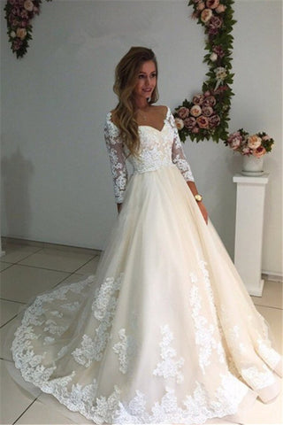 Wedding Dresses A Line V Neck 3/4 Length Sleeves Tulle With Applique