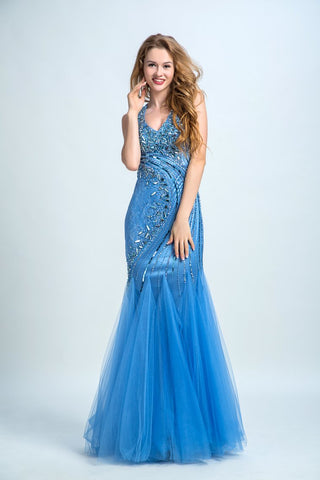 Prom Dresses V Neck Open Back Tulle With Beading Floor Length