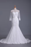 Scoop 3/4 Length Sleeve Mermaid Wedding Dress Tulle With Sash Court Train