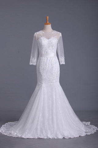 Scoop 3/4 Length Sleeve Mermaid Wedding Dress Tulle With Sash Court Train