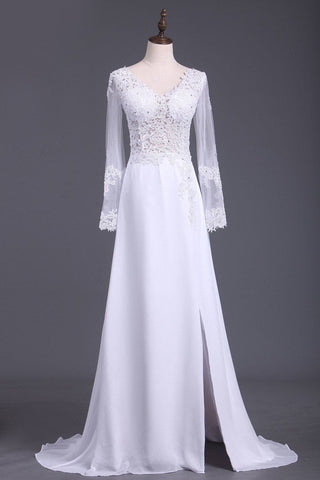 See-Through Prom Dresses V Neck Long Sleeves Chiffon With Applique And Slit