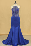 Dark Royal Blue Halter Mermaid Prom Dresses Beaded Bodice Satin Sweep Train