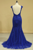 Plus Size Mermaid Open Back Evening Dresses Bateau Tulle With Applique Dark Royal Blue