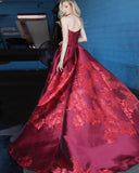 Unique A Line Strapless Burgundy Satin Prom Dresses with Appliques, Formal Dresses SJS15454