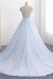 Princess Light Blue Long Ball Gown Lace Tulle Prom Dresses, V Neck Formal Dresses SJS15297