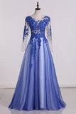 See-Through Prom Dresses Scoop Long Sleeves Tulle With Applique A Line