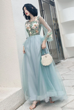 Elegant Long Sleeves Appliqued Tulle Prom Dress, Floor Length Appliques Evening Dress