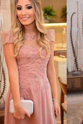 Chiffon Scoop Short Sleeves Prom Dresses Sweep Train With Applique