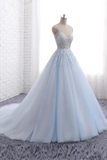 Princess Long Ball Gown Lace Tulle Prom Dresses, V Neck Formal Dresses