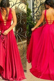 V-Neck A Line Prom Dresses Satin Zipper Up Sweep Train