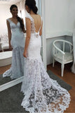 Elegant Mermaid Lace Applique V Neck Wedding Dresses Backless Wedding Gowns SJS15180