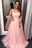 Spaghtti Straps Prom Dresses A Line Tulle Sweep Train