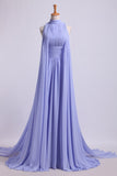 High Neck Pleated Bodice Prom Dresses A-Line Chiffon Sweep Train