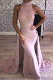 High Neck Satin Mermaid Prom Dresses With Beading Sweep Train