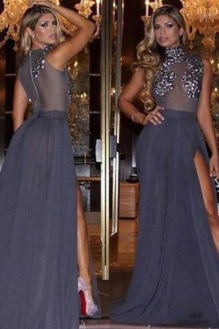 Navy Blue Lace Sheer Prom Dress Formal Dress Sexy Prom Dress Party Dress JS726