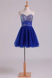 New Arrival Dark Royal Blue A Line Sweetheart Homecoming Dresses Tulle Short With Beads