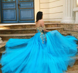 Elegant Off the Shoulder Blue Lace Prom Dresses with Gold Appliques Tulle Party Dresses SJS15187