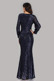 Long Split Sleeve Mermaid V Neck Dark Navy Blue Sequins Prom Dresses, Formal Dress SJS15256