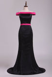 Boat Neck Stretch Satin Evening Dresses Mermaid Sweep Train Bicolor