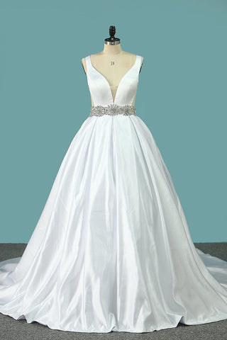 V Neck Wedding Dresses Open Back Satin A Line With Beading