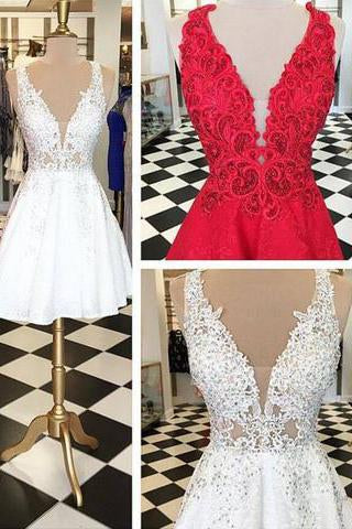 Stylish V-neck Sleeveless White Lace Short Homecoming Dress Beaded JS486