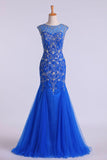 Scoop Beaded And Fitted Bodice Trumpet Prom Dress Tulle