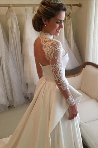 High Neck Open Back Long Sleeves Wedding Dresses A Line Satin