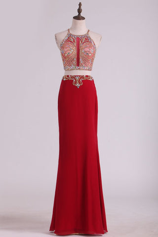 Two Pieces Halter Sheath Prom Dresses Chiffon With Beading