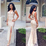 Beaded Rhinestone Mermaid Long Open Back Sleeveless with Slit Prom Dresses JS951