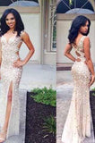 Beaded Rhinestone Mermaid Long Open Back Sleeveless with Slit Prom Dresses JS951