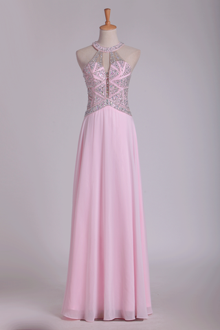 Halter A Line Prom Dresses Beaded Bodice Chiffon Floor Length