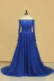 Prom Dresses Boat Neck Long Sleeves A Line Tulle With Beading Sweep Train