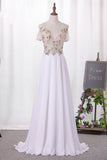 A Line Straps Chiffon Prom Dresses Beaded Bodice Sweep Train