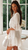 A Line Long Sleeve White Simple Lace Short Sexy Criss Cross Above Knee Homecoming Dress JS783