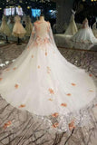 Elegant Scoop Neck Wedding Dresses Tulle A-Line Lace Up With Shoulder Veil