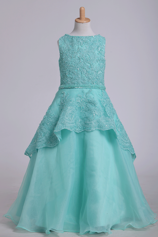 Bateau A Line Flower Girl Dresses With Applique & Beads Tulle Mint