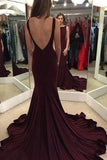 Elegant Scoop Sweep Train Burgundy Backless Mermaid Sleeveless Floor-Length Prom Dresses JS47