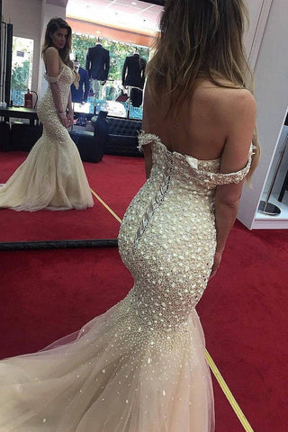 Off The Shoulder Prom Dresses Mermaid Tulle With Beads Lace Up