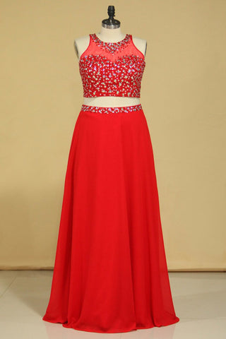 Red Scoop Two Pieces A Line Prom Dresses Beaded Bodice Open Back Chiffon & Tulle