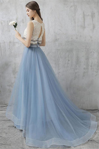 Elegant Long 2 Pieces Lace Sky Blue Prom Gowns Prom Dresses