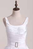 Square Neckline Princess Wedding Dress Pleated Bodice Court Train Satin