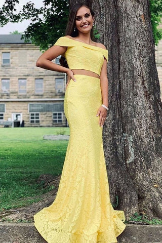 Slash Neck Two Piece Lace Mermaid Yellow Prom Dress