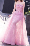 A Line Strapless Tulle With Applique Floor Length Prom Dresses Lace Up