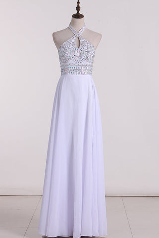 Halter Beaded Bodice A Line Prom Dresses Chiffon With Slit