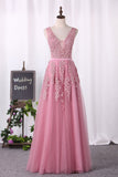 V Neck Prom Dresses A Line Tulle With Applique Open Back